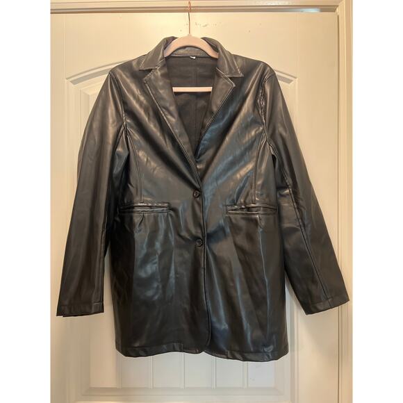 Faux Leather‎ Women Oversized Single Breasted Blazer Jacket Size M Black Relaxed - Picture 1 of 3